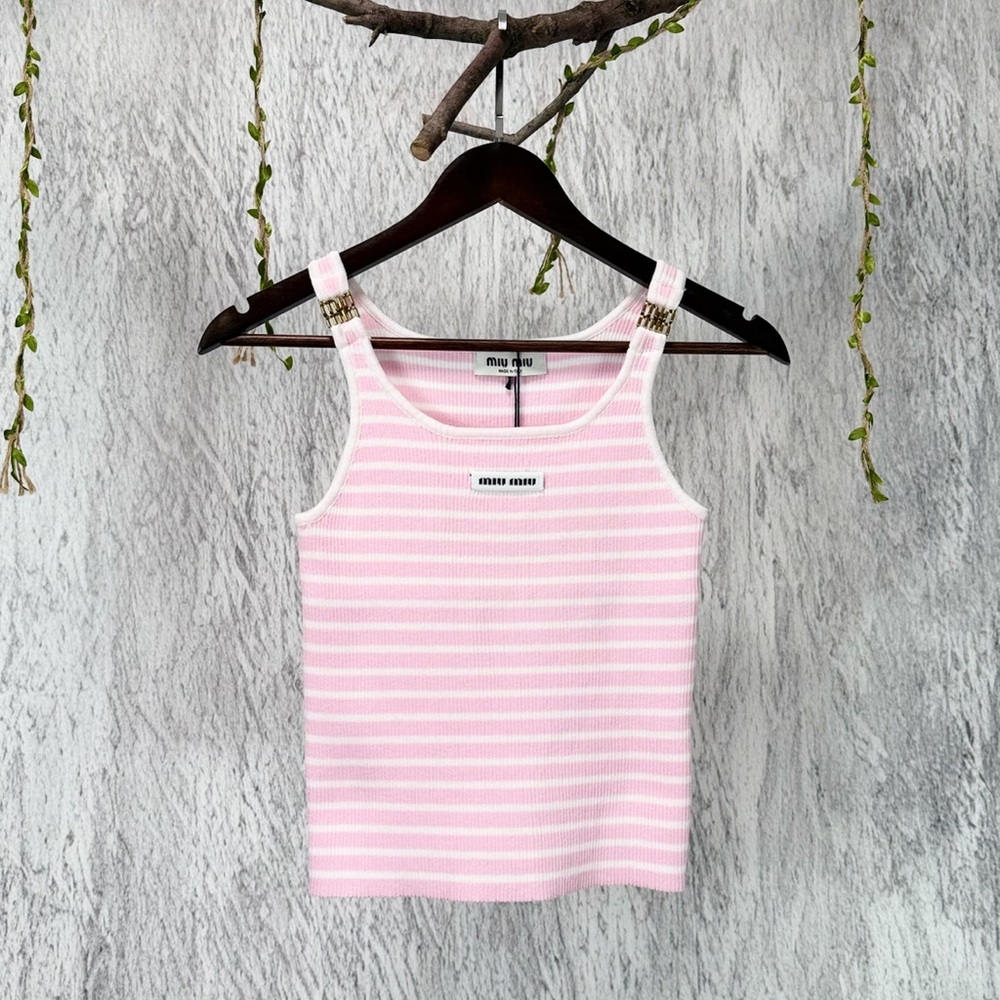Miu Miu Pink & White Striped Ribbed Tank with Logo Strap Details